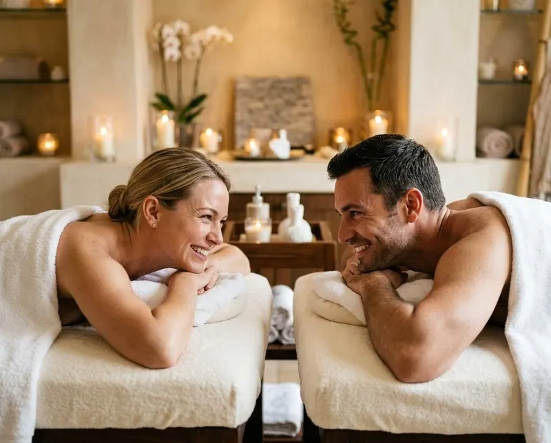 Couple receiving side-by-side massages from two licensed therapists