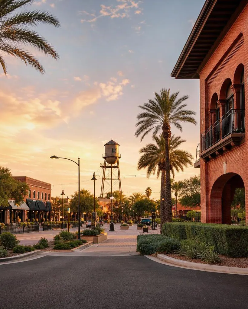 Palm-lined historic downtown Chandler streetscape
