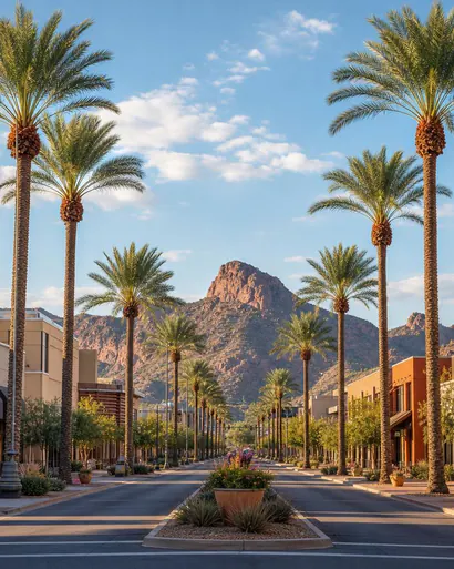 Palm-lined downtown Mesa streetscape in Arizona