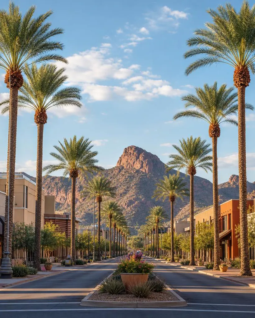 Palm-lined downtown Mesa streetscape in Arizona