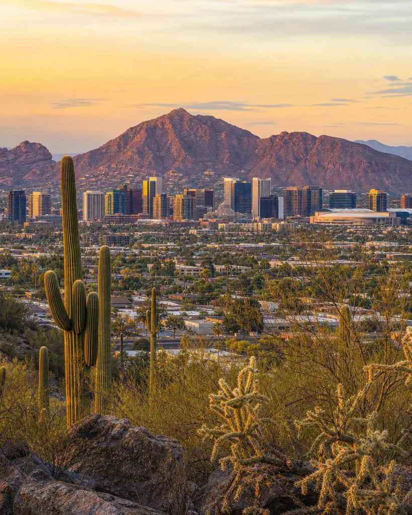 Downtown Phoenix skyline against desert mountains