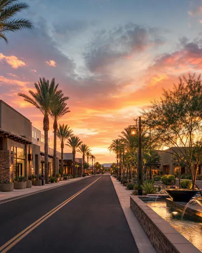 Palm-lined Old Town Scottsdale street at sunset
