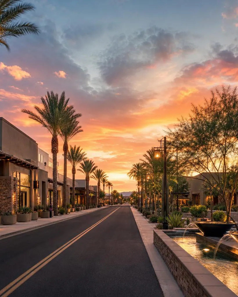 Palm-lined Old Town Scottsdale street at sunset