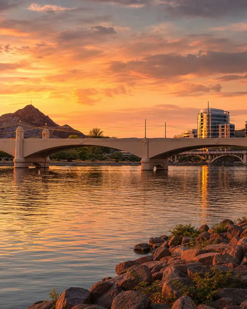 Tempe Town Lake and bridge at sunset